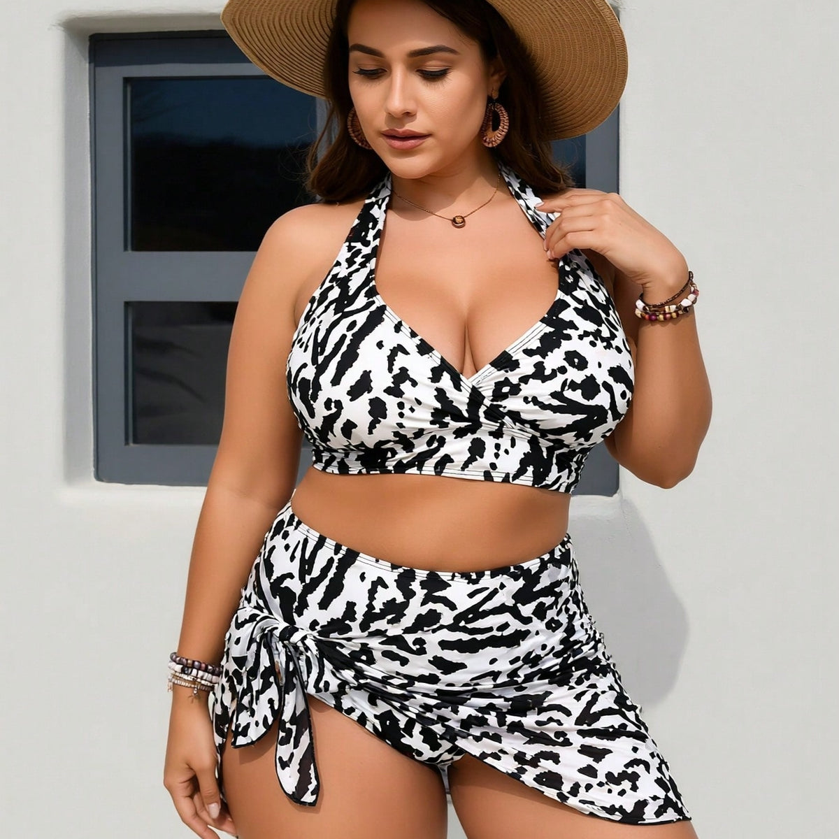 New Zebra Print Halter Bikini Set With Tie Skirt Cover Up, Plus Size Slimming 3 Piece Swimwear