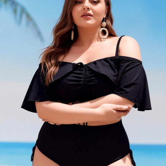 New Plus Size Black Off Shoulder Bikini, High Waist Drawstring Tummy Control Two Piece Swimsuit