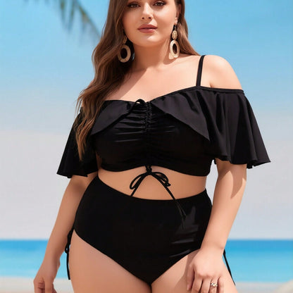 New Plus Size Black Off Shoulder Bikini, High Waist Drawstring Tummy Control Two Piece Swimsuit
