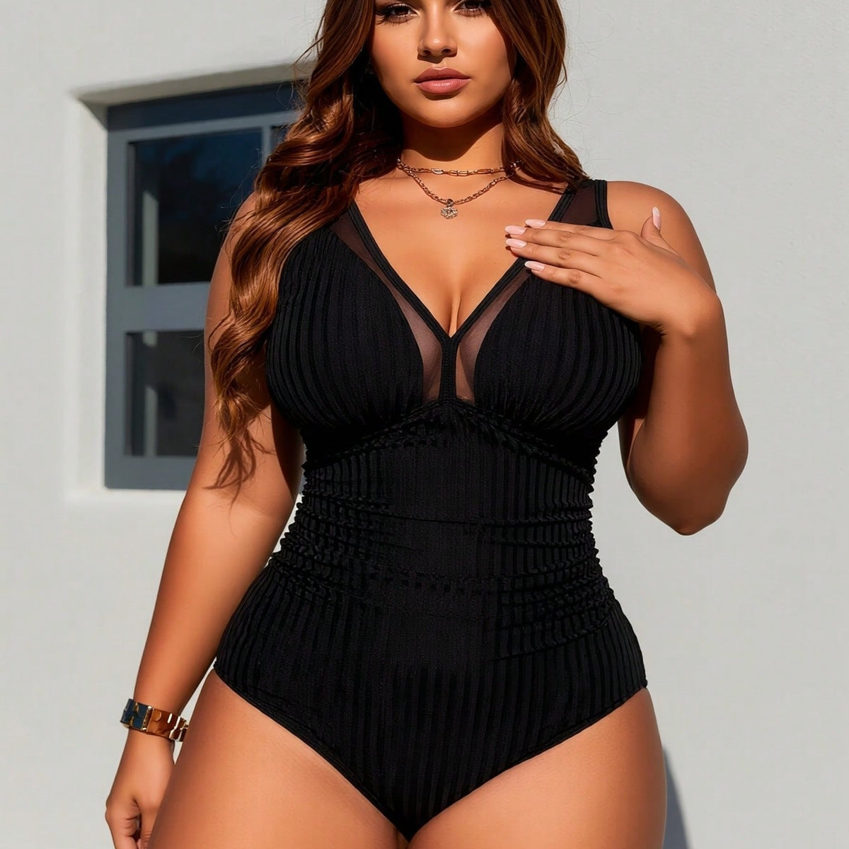 Plus Size Black Ribbed Sheer Mesh V Neck Ruched One Piece Swimsuits For Women