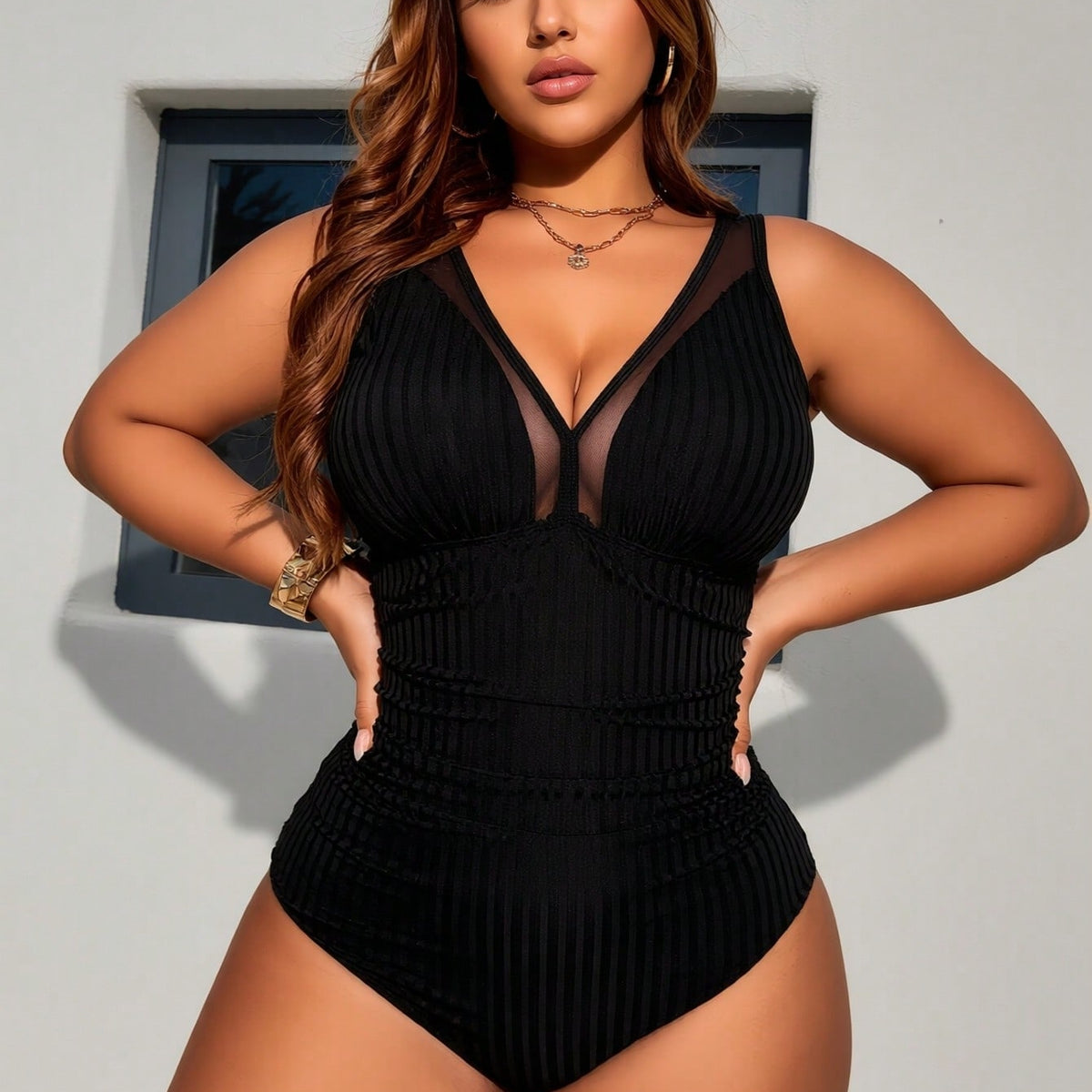 Plus Size Black Ribbed Sheer Mesh V Neck Ruched One Piece Swimsuits For Women