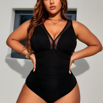 Plus Size Black Ribbed Sheer Mesh V Neck Ruched One Piece Swimsuits For Women