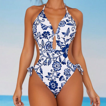 New Porcelain Print Cutout One Piece Swimsuit for Women, Halter Waist Cutout Side Tie Sexy Beach Swimwear