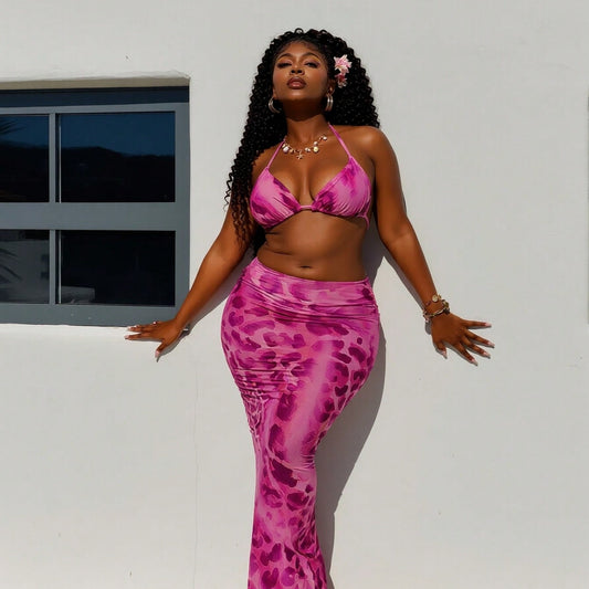 New Magenta Leopard Print Bikini 2 Piece Set, Halter Triangle Top & Mesh Maxi Skirt, Sexy Vacation Swimwear Set