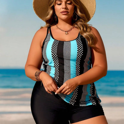 Plus Size Turquoise Polka Dot Stripe Tankini Swimsuits For Women