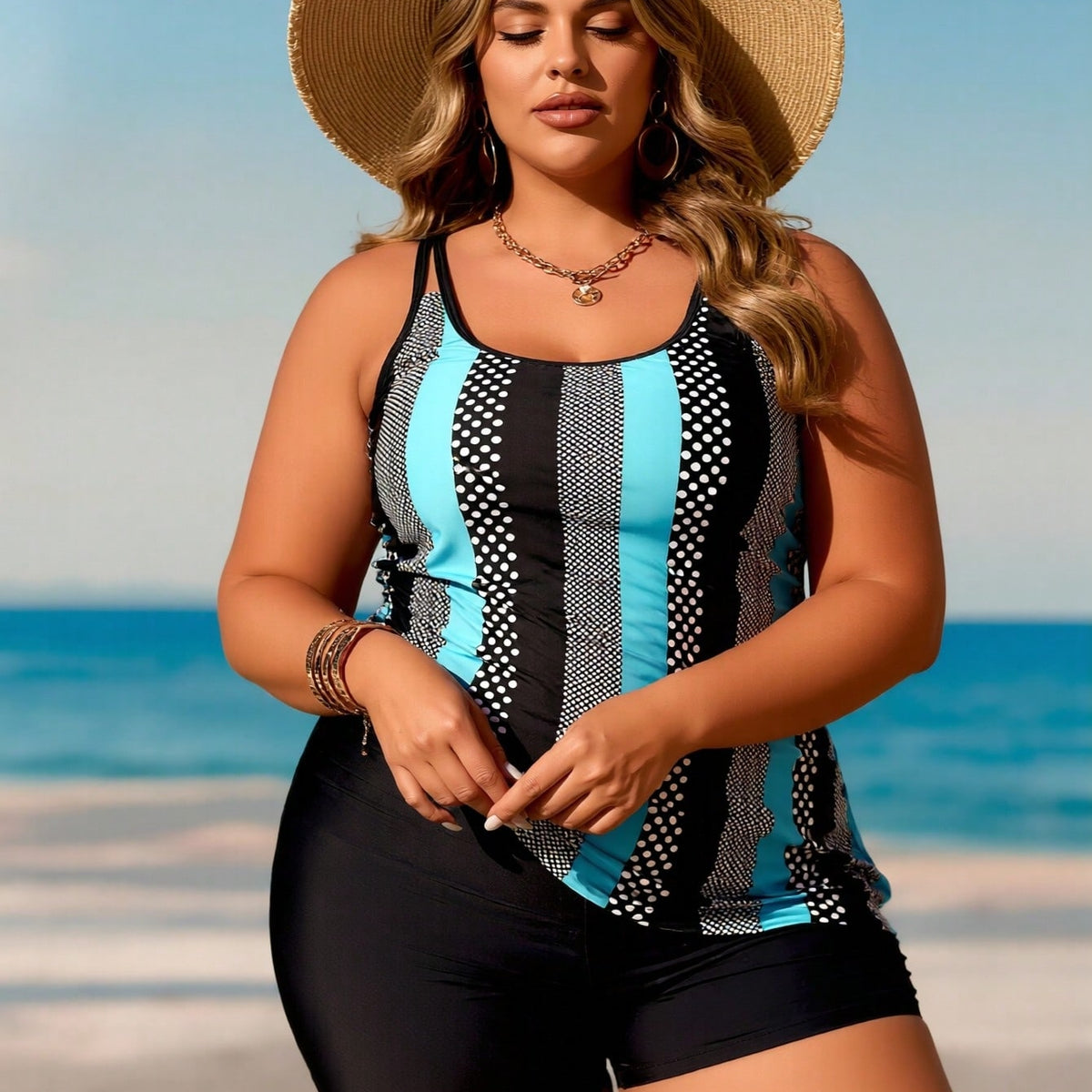 Plus Size Turquoise Polka Dot Stripe Tankini Swimsuits For Women
