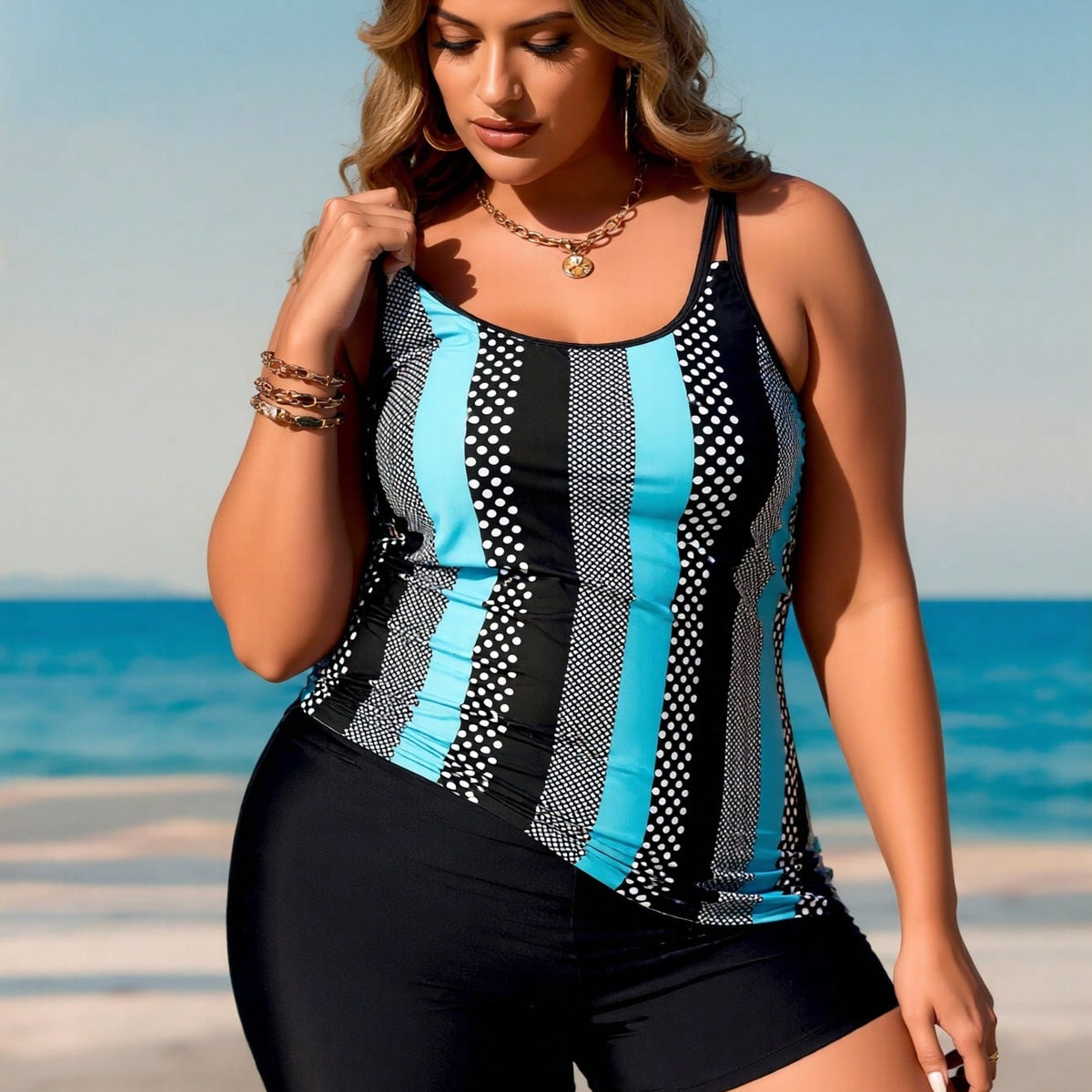 Plus Size Turquoise Polka Dot Stripe Tankini Swimsuits For Women