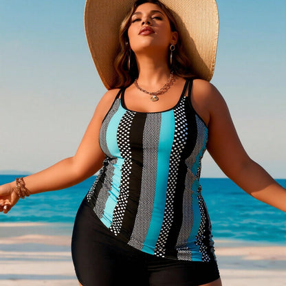 Plus Size Turquoise Polka Dot Stripe Tankini Swimsuits For Women