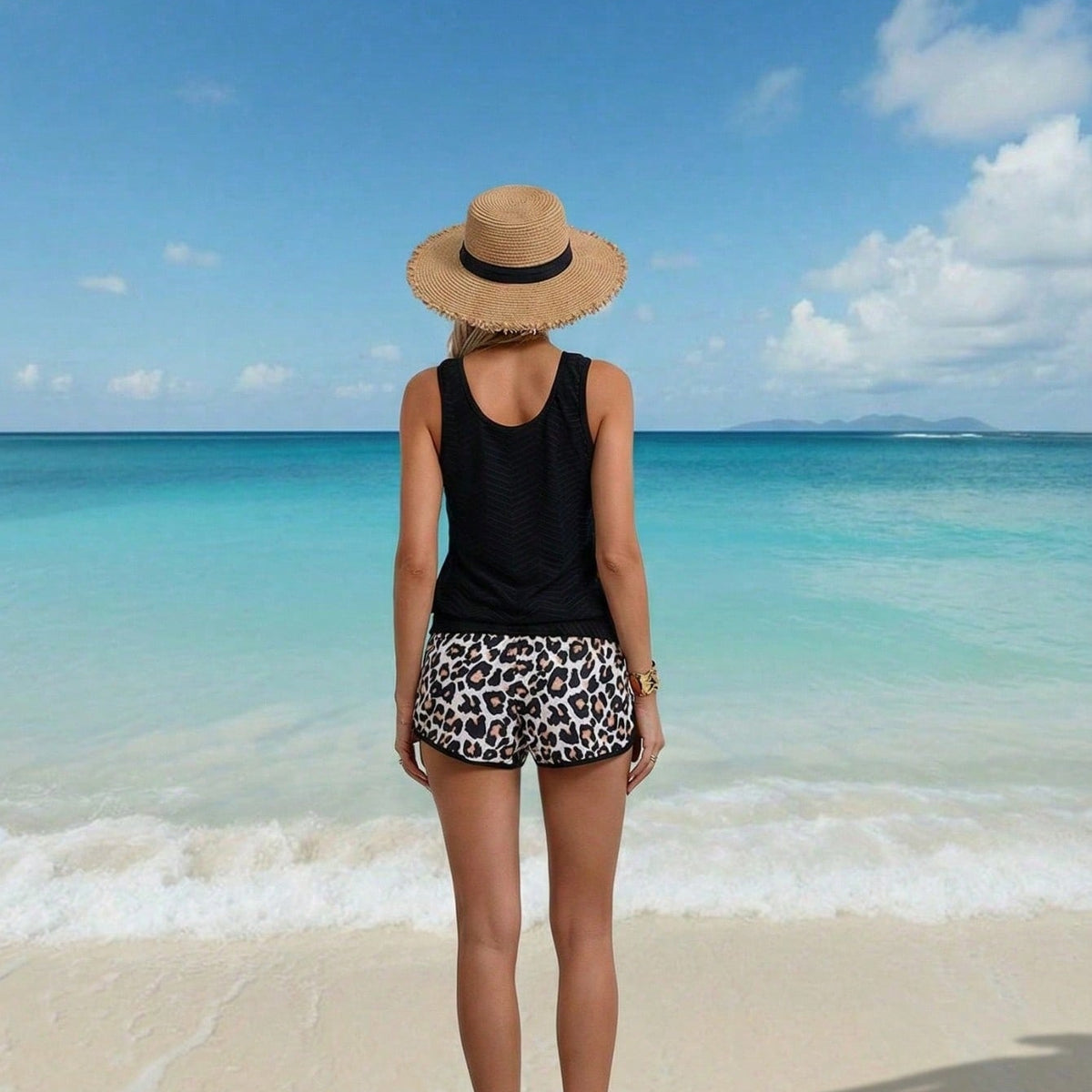 New Unique Color Block Tankini Set, Black Textured Top & Leopard Shorts, Streetwear Tummy-Hiding Swimwear