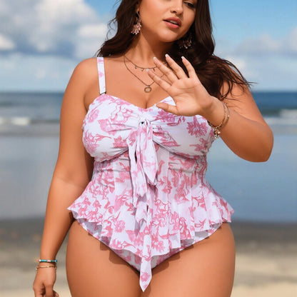 New Plus Size Floral Tankini Swimsuit for Women, Ruffled Tummy Control Two Piece Bathing Suit for Beach Vacation