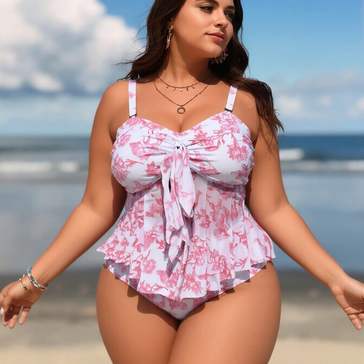 New Plus Size Floral Tankini Swimsuit for Women, Ruffled Tummy Control Two Piece Bathing Suit for Beach Vacation