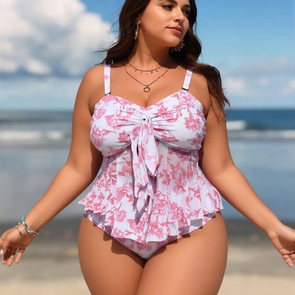 New Plus Size Floral Tankini Swimsuit for Women, Ruffled Tummy Control Two Piece Bathing Suit for Beach Vacation