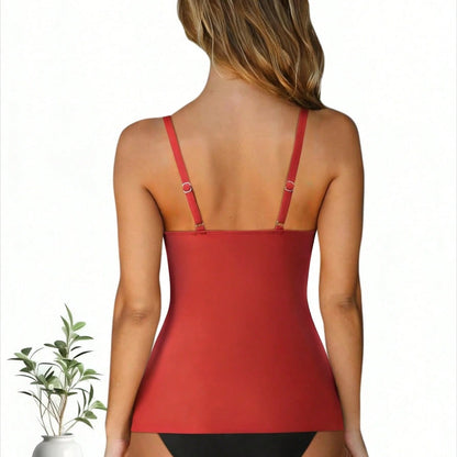 Red Twist Front Flared Hem Tankini Swimsuits For Women