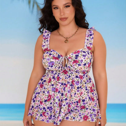 New Plus Size Purple-Pink Floral Tankini, Ruffle Drawstring Tummy Control Sun Protection Skirted Swimwear