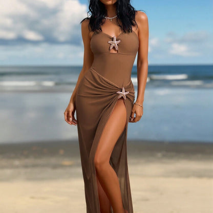 Coffee Brown One-Piece Swimsuit with Starfish and Sheer Skirt Detail