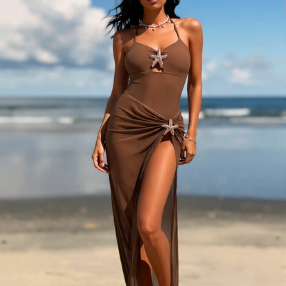 Coffee Brown One-Piece Swimsuit with Starfish and Sheer Skirt Detail