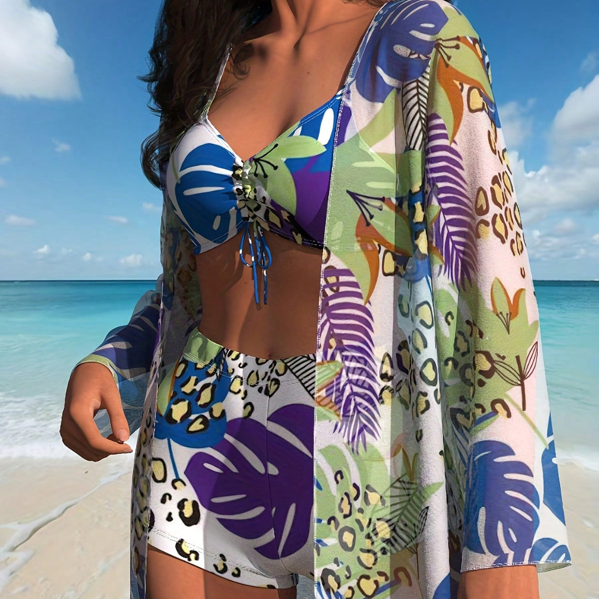 New Tropical Plant Leopard Print 3 Piece Swimsuit, Sun Protection Cover Up + Drawstring Bikini +