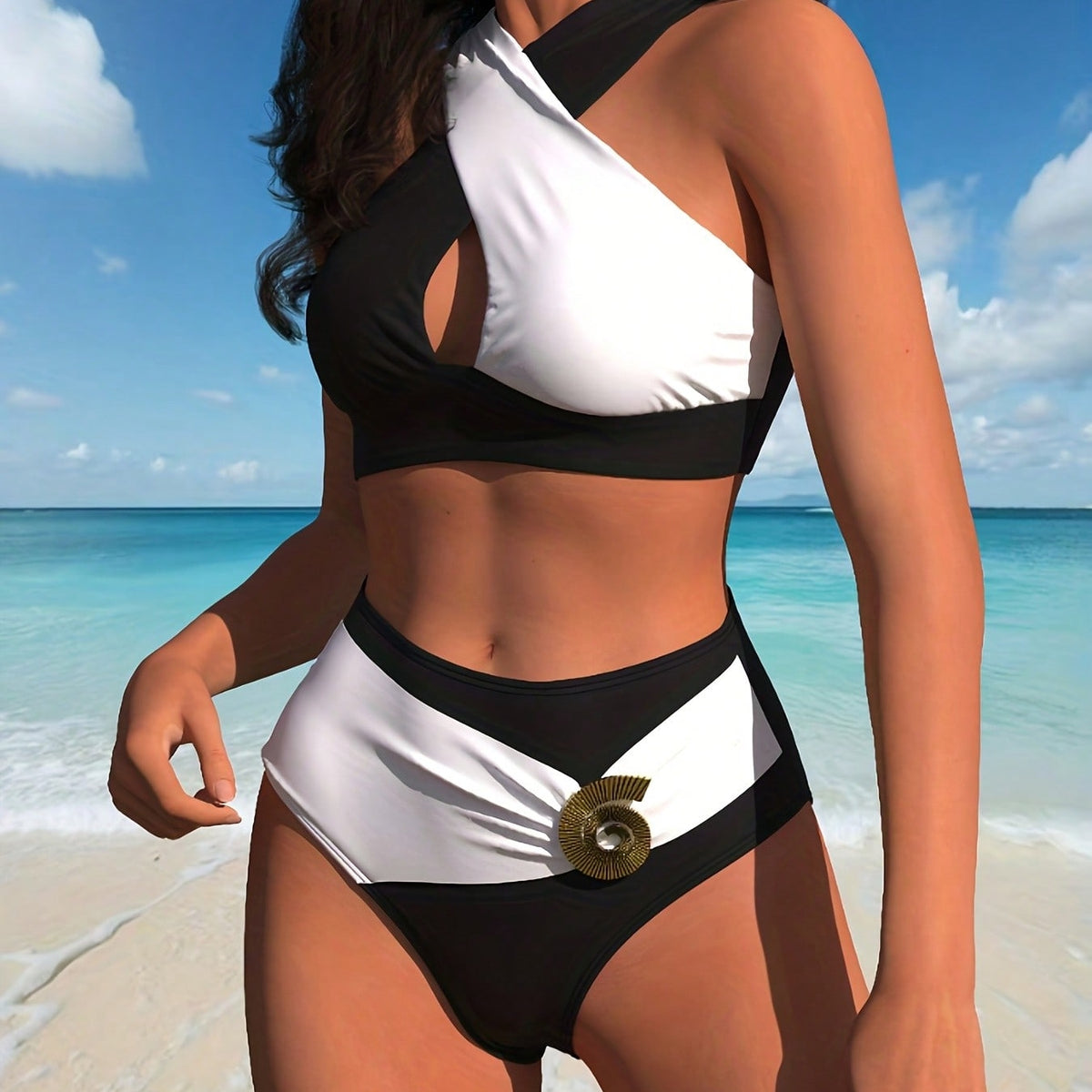 Black and White Halter High-Waisted Bikini with Shell Buckle