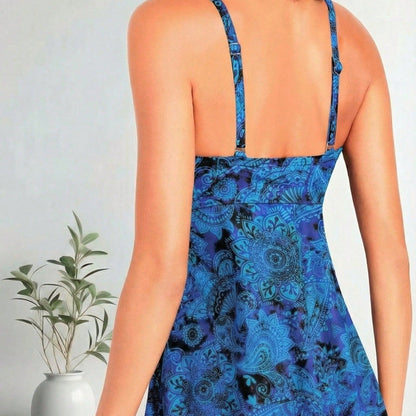 Blue Paisley Print Wrap V Neck Tankini Swimsuits For Women