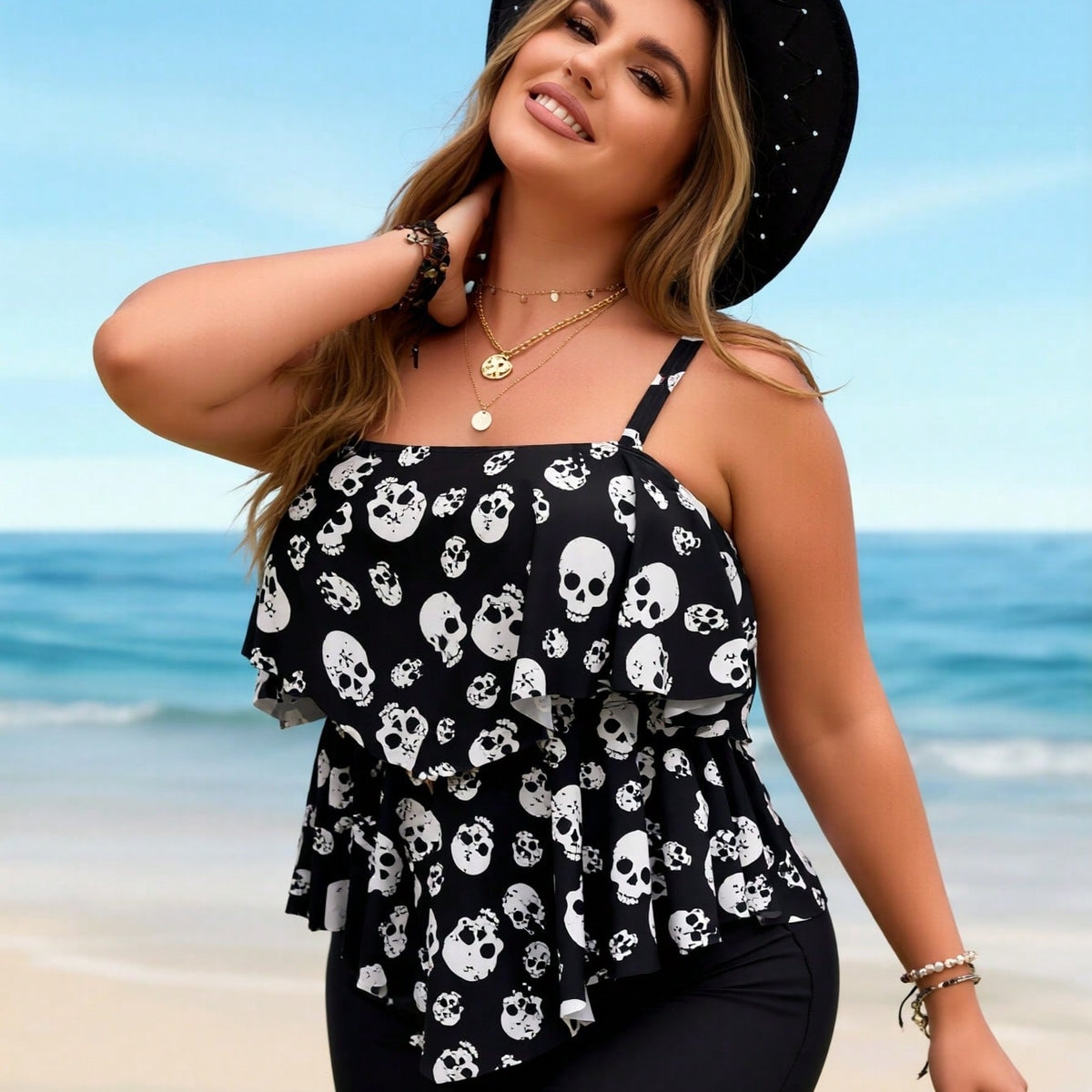 New Plus Size Skull Print Tankini, Ruffle Spaghetti Strap & Black Shorts, Tummy Control Modest Two-Piece Swimwear