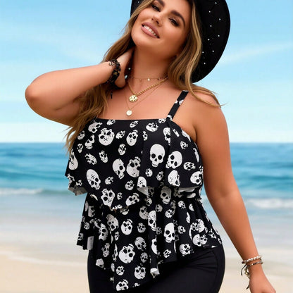 New Plus Size Skull Print Tankini, Ruffle Spaghetti Strap & Black Shorts, Tummy Control Modest Two-Piece Swimwear