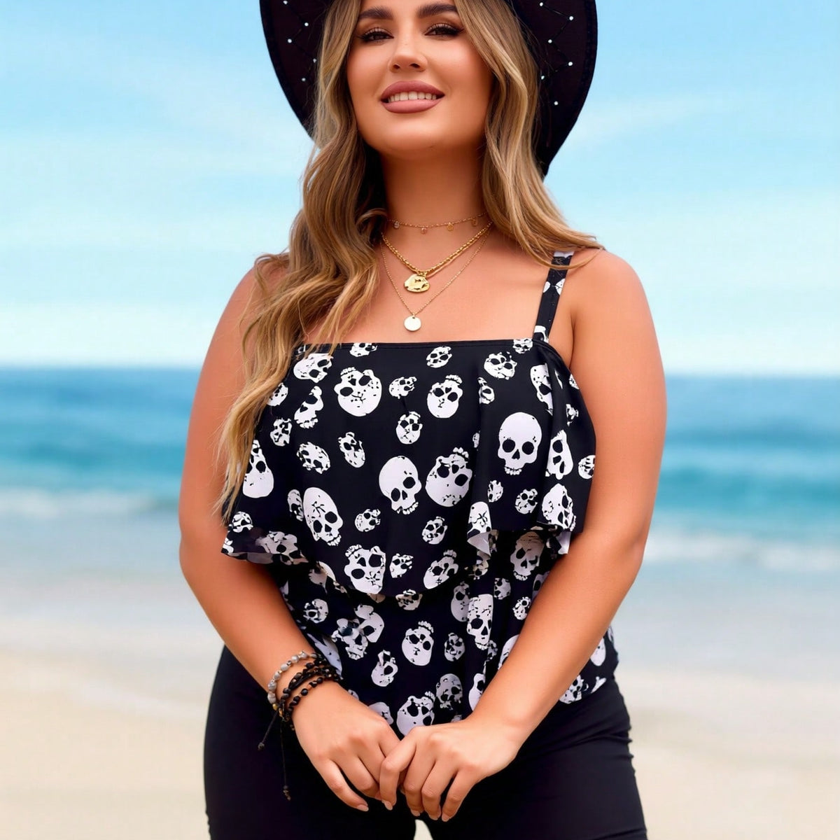 New Plus Size Skull Print Tankini, Ruffle Spaghetti Strap & Black Shorts, Tummy Control Modest Two-Piece Swimwear