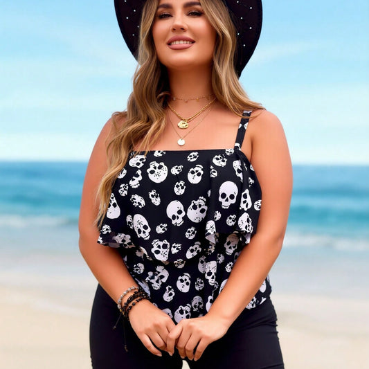 New Plus Size Skull Print Tankini, Ruffle Spaghetti Strap & Black Shorts, Tummy Control Modest Two-Piece Swimwear