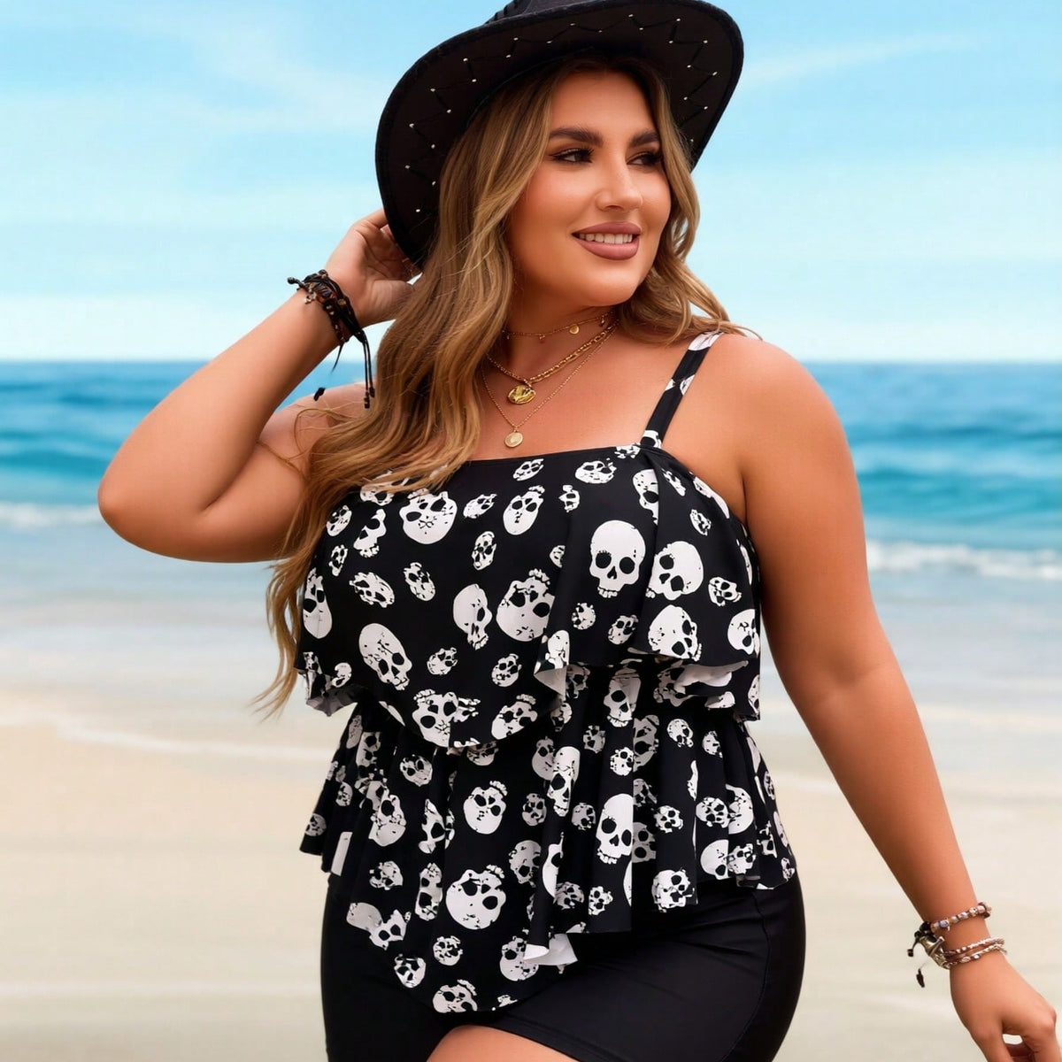 New Plus Size Skull Print Tankini, Ruffle Spaghetti Strap & Black Shorts, Tummy Control Modest Two-Piece Swimwear