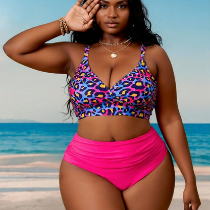 New Luxury Leopard Print Bikini Set, V-Neck Cross Design & High Waist Bottom, Plus Size Tummy-Hiding Vacation Swimwear Bikini Set For Women
