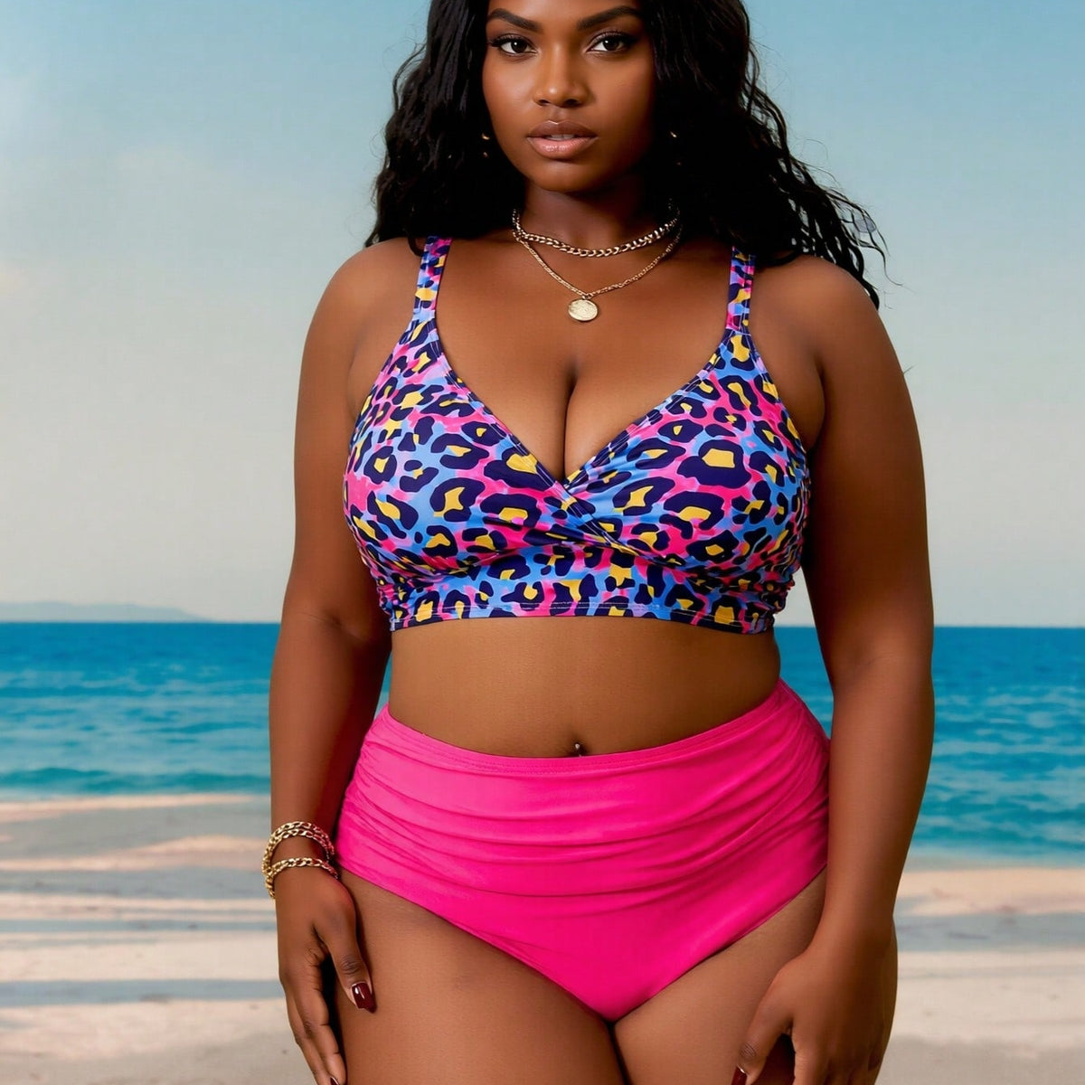 New Luxury Leopard Print Bikini Set, V-Neck Cross Design & High Waist Bottom, Plus Size Tummy-Hiding Vacation Swimwear Bikini Set For Women