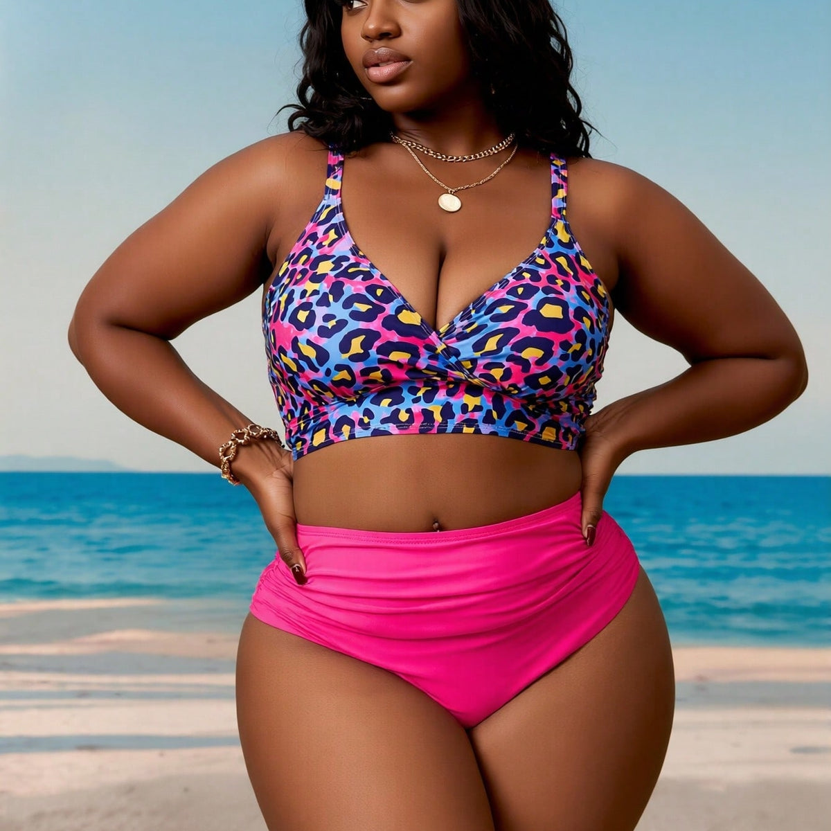 New Luxury Leopard Print Bikini Set, V-Neck Cross Design & High Waist Bottom, Plus Size Tummy-Hiding Vacation Swimwear Bikini Set For Women