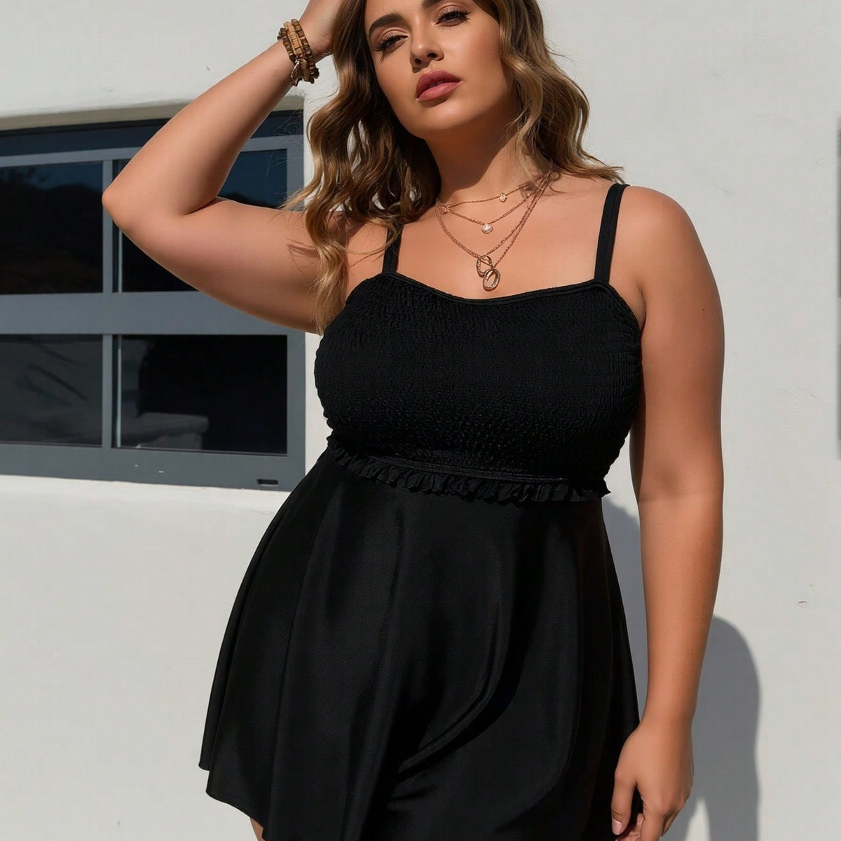 Plus Size Smocked Ruffle Tankini Set