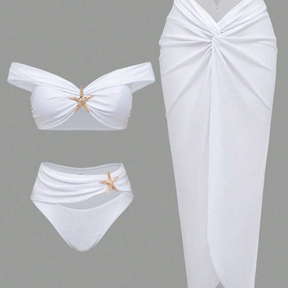 White Off Shoulder Starfish Decor Bikini Set With Twist Front Cover Up Skirt