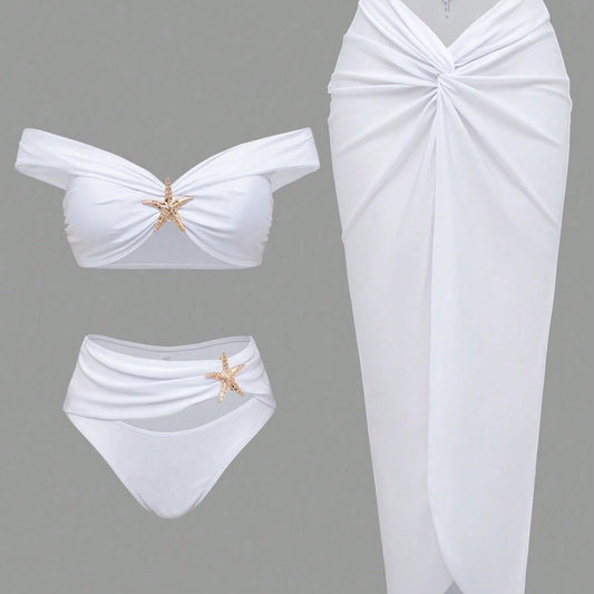 White Off Shoulder Starfish Decor Bikini Set With Twist Front Cover Up Skirt