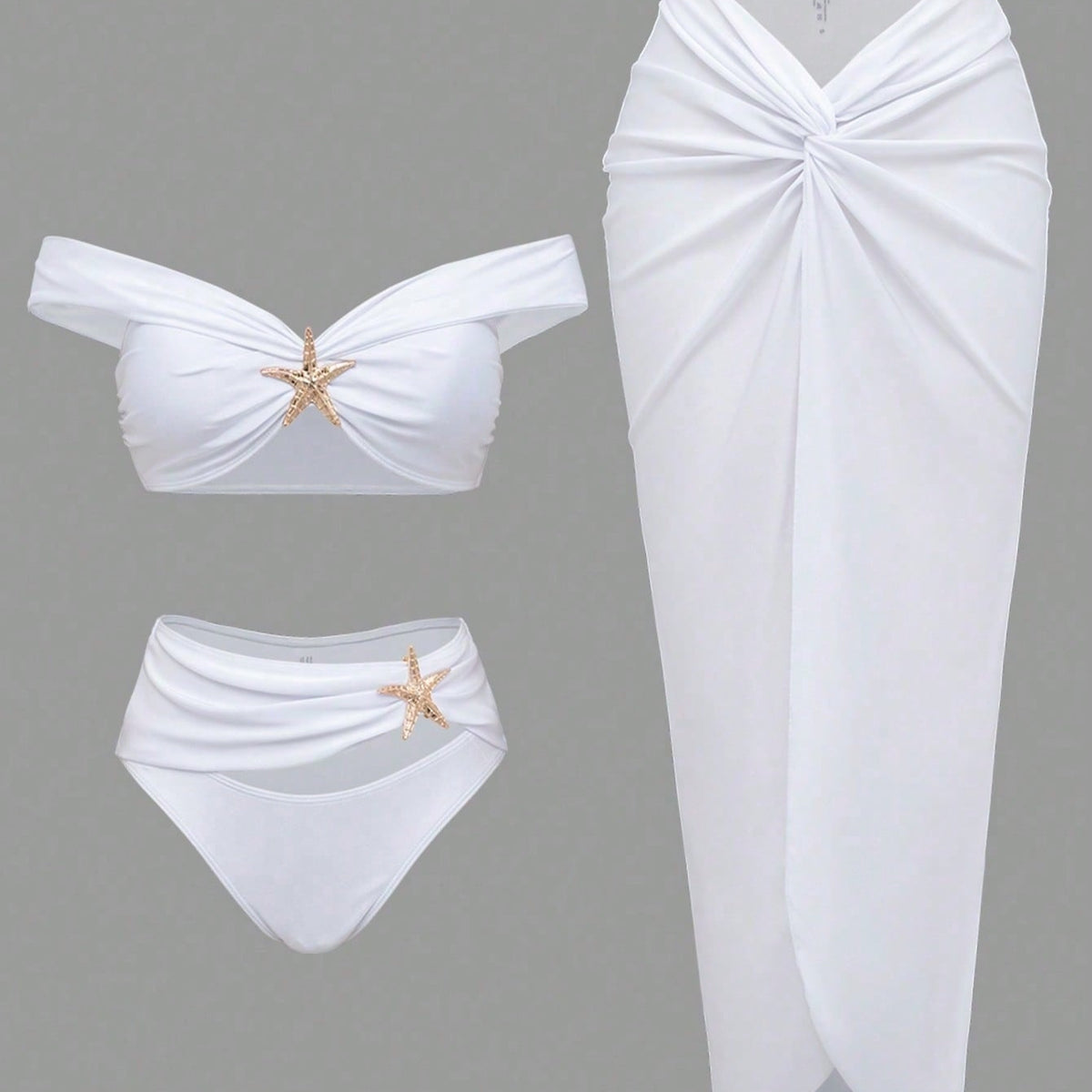 White Off Shoulder Starfish Decor Bikini Set With Twist Front Cover Up Skirt