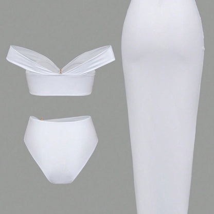 White Off Shoulder Starfish Decor Bikini Set With Twist Front Cover Up Skirt