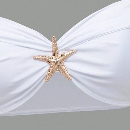 White Off Shoulder Starfish Decor Bikini Set With Twist Front Cover Up Skirt