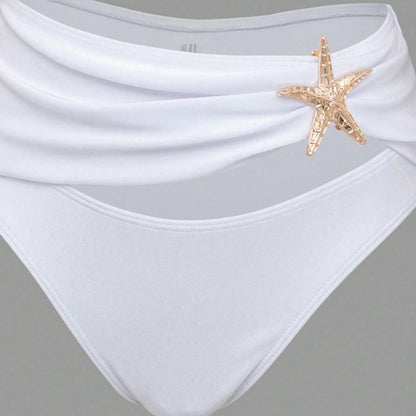 White Off Shoulder Starfish Decor Bikini Set With Twist Front Cover Up Skirt