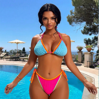 Colorblock Textured Triangle Bikini Set with Side Ties