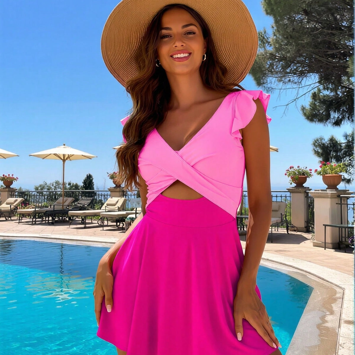 Pink Color Block Ruffle Sleeve Cutout Swim Dress