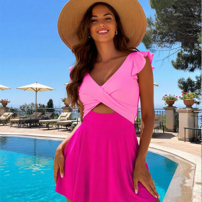 Pink Color Block Ruffle Sleeve Cutout Swim Dress