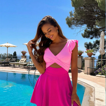 Pink Color Block Ruffle Sleeve Cutout Swim Dress