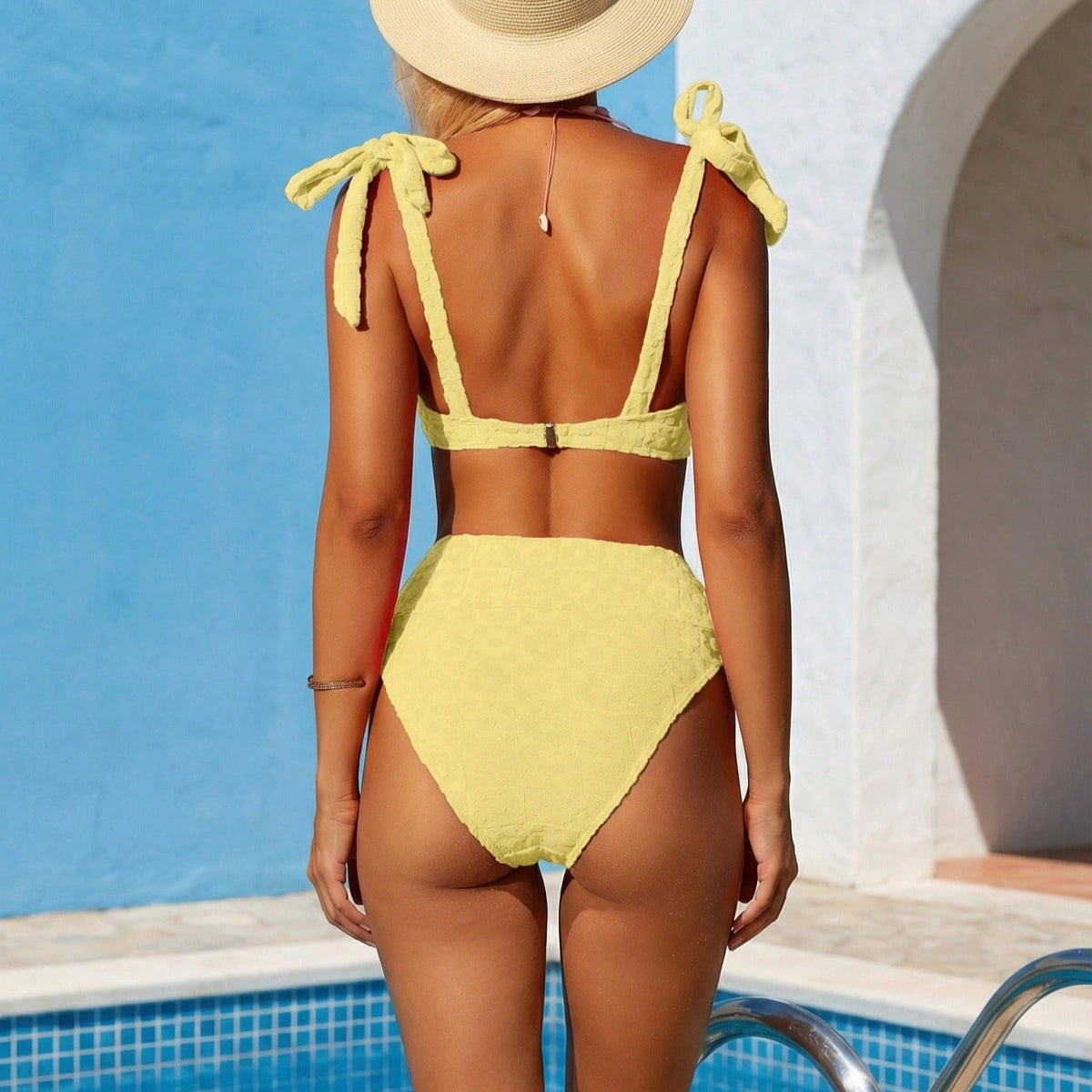 Yellow Textured Bow Shoulder High Waist Bikini Set