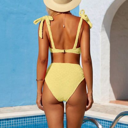 Yellow Textured Bow Shoulder High Waist Bikini Set