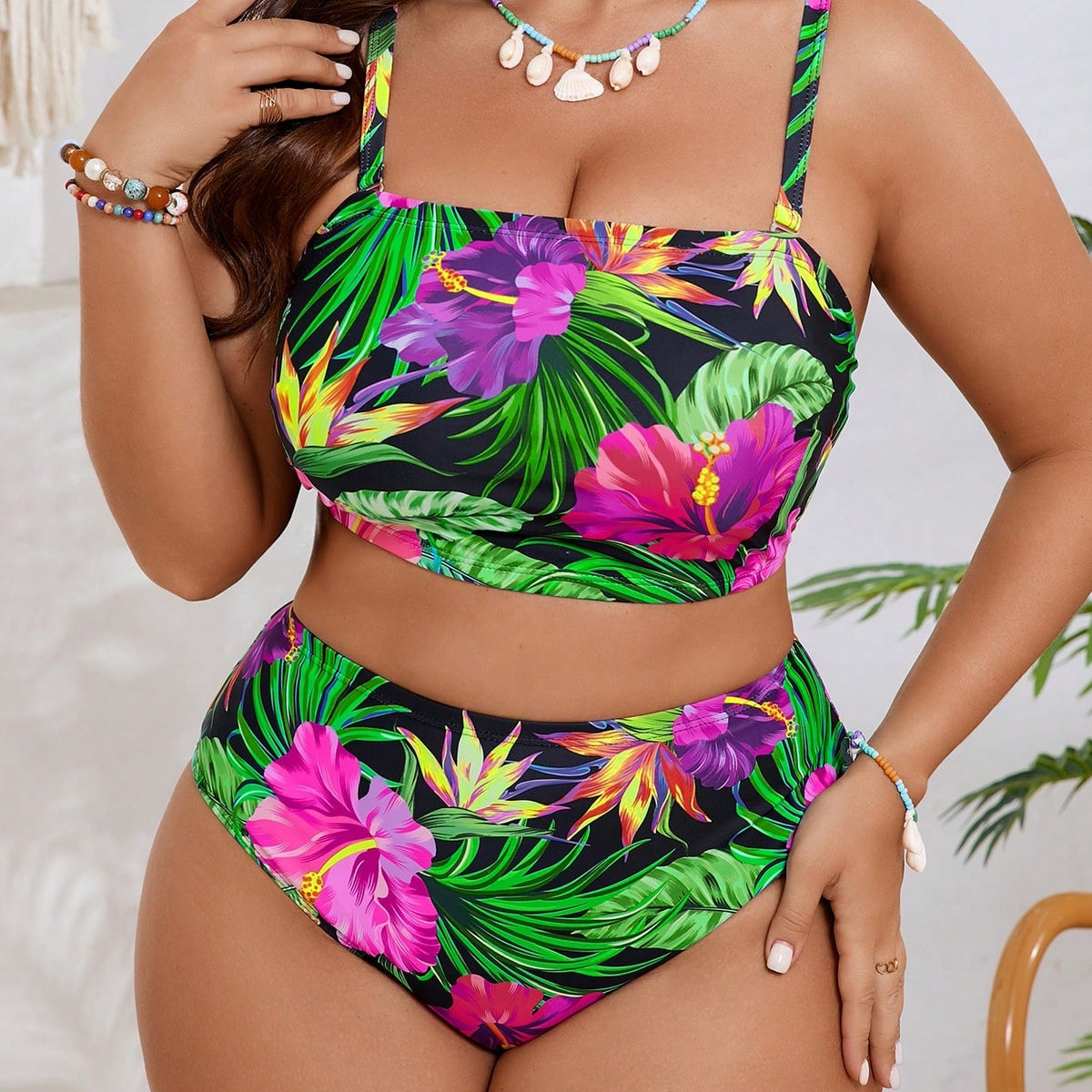New Plus Size Tropical Floral Bikini Set - Convertible Bandeau Top With Matching Bottoms