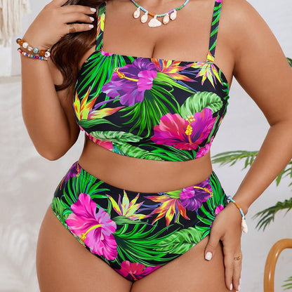 New Plus Size Tropical Floral Bikini Set - Convertible Bandeau Top With Matching Bottoms