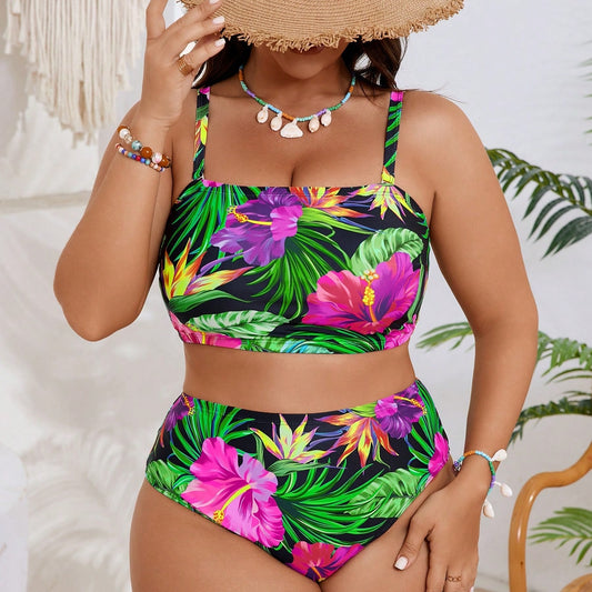 New Plus Size Tropical Floral Bikini Set - Convertible Bandeau Top With Matching Bottoms