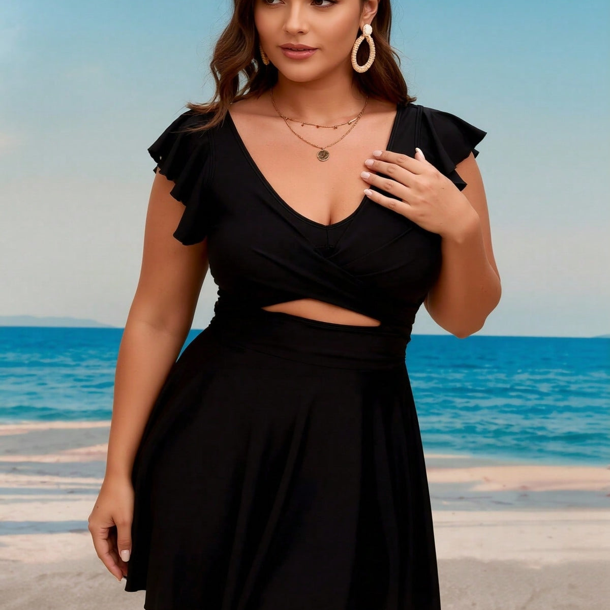 New Plus Size Black Swim Dress - Ruffle Sleeve V Neck Cutout Waist Beach Swimwear