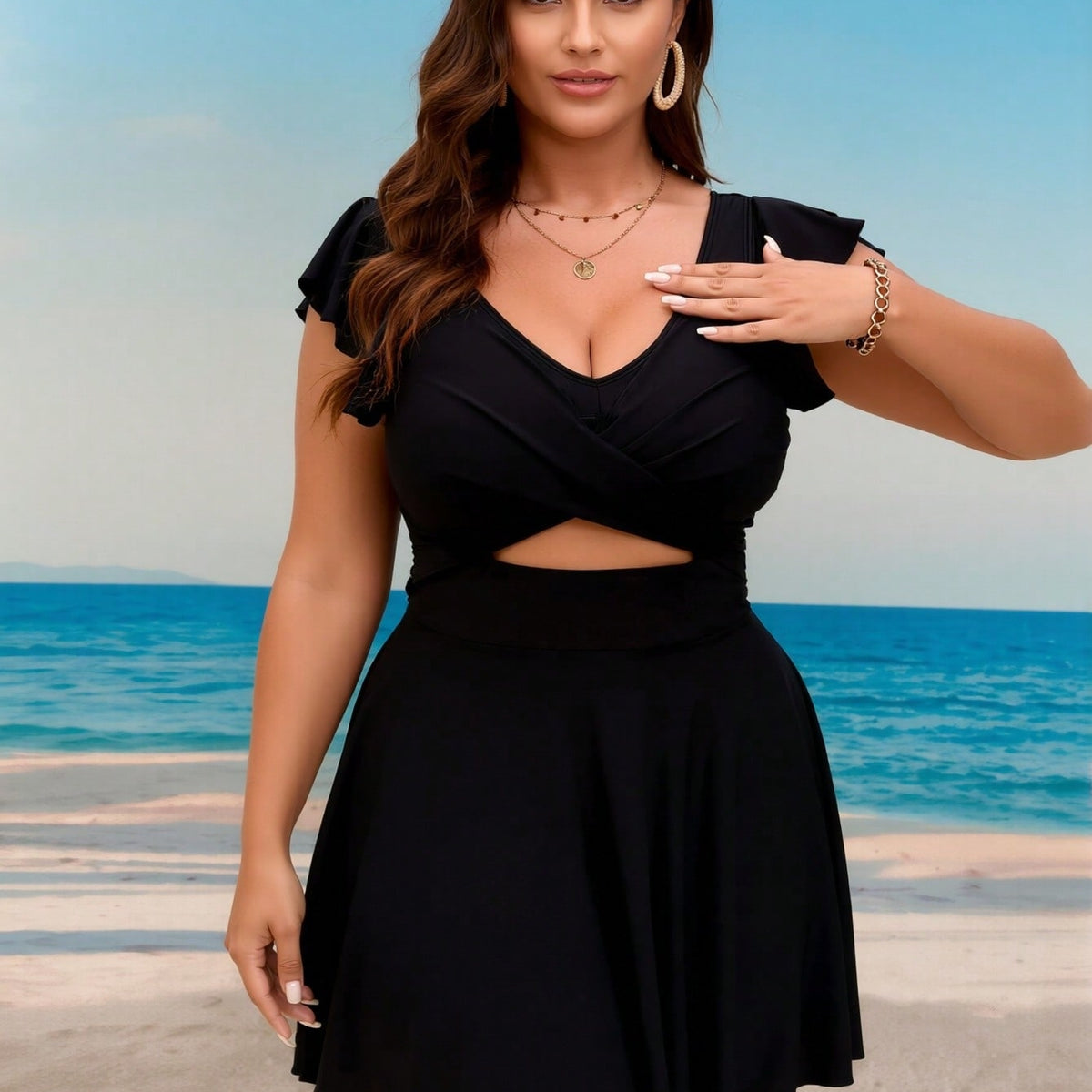 New Plus Size Black Swim Dress - Ruffle Sleeve V Neck Cutout Waist Beach Swimwear