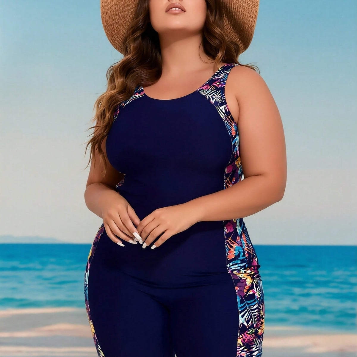 Plus Size Navy Tropical Panel Boyleg One-Piece Swimsuit